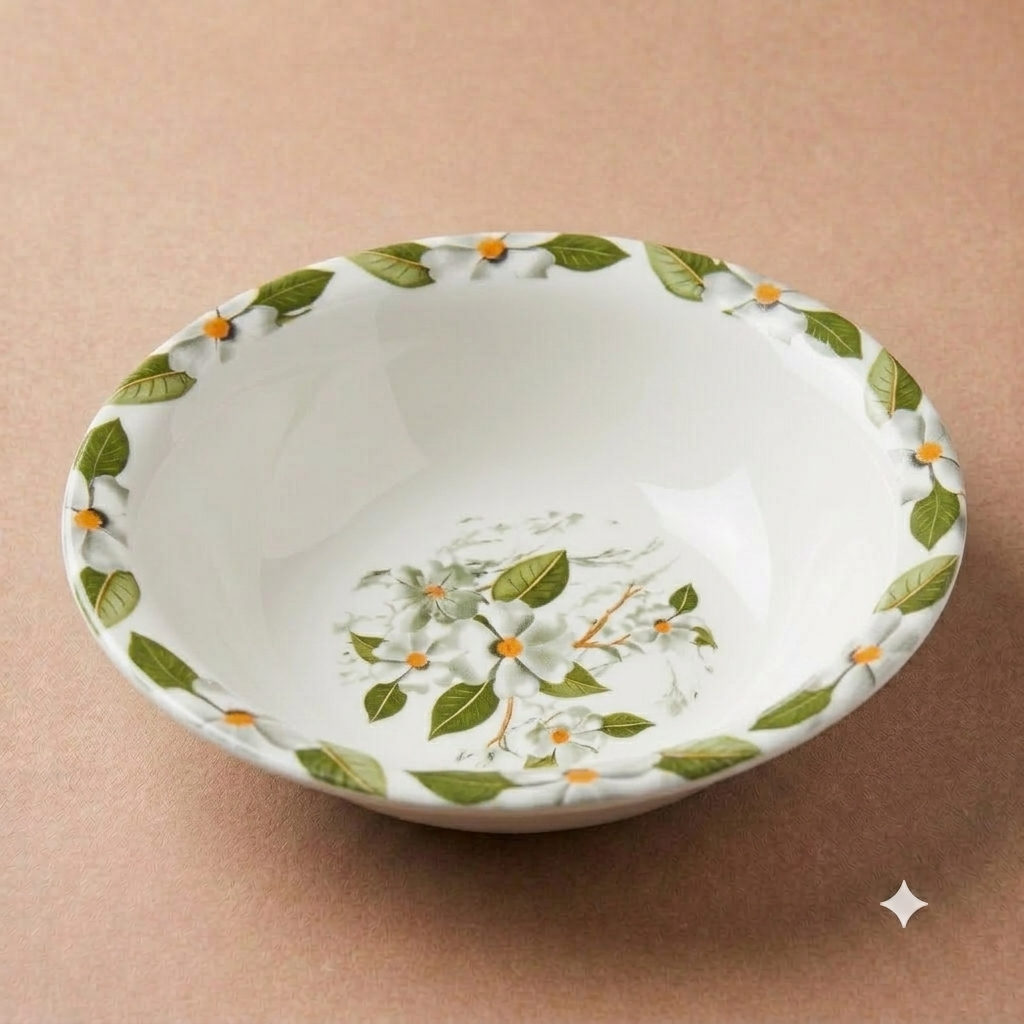 White Floral & Green Leaves Bowl – Double Glaze