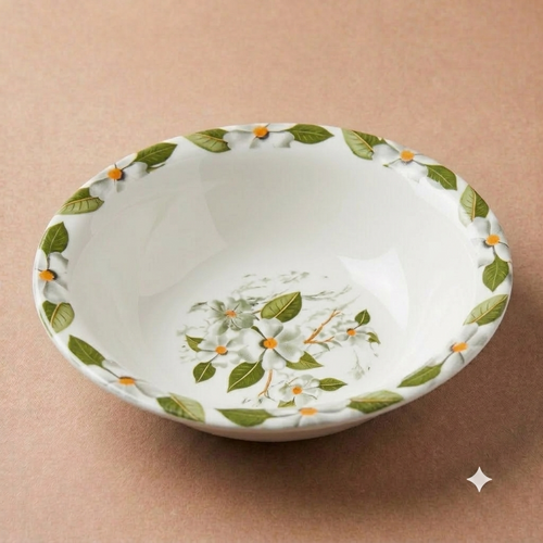 White Floral & Green Leaves Bowl – Double Glaze