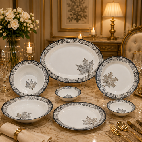 Grey Leaf Double Glaze Melamine Dinner Set