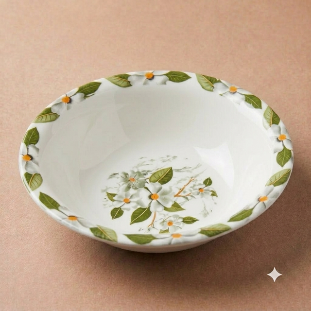 White Floral & Green Leaves Bowl – Double Glaze